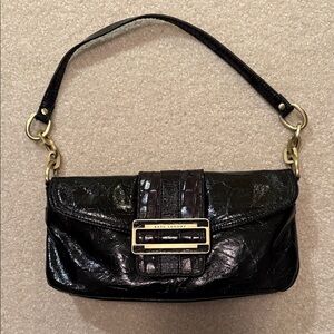 Kate Landry Black Faux Leather Small Shoulder Bag — Patent Croc, Gold Hardware